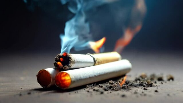 Burning cigarette with smoke. Smoking is dangerous. Smoke kills person. Dangerous effects of smoking. Hd video 