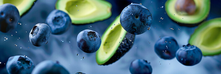 Blueberries and Avocados Floating Into Water on Blue Background, Dynamic Close-Up Shot, Healthy and Fresh, Ideal for Marketing Materials