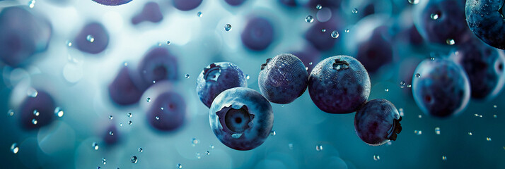 Blueberries Floating in Water on Bright Blue Background, Dynamic Close-Up Shot, Healthy and Fresh, Ideal for Marketing Materials