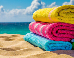Vibrant beach towels are spread out on golden sand, ready for a day of relaxation.  - obrazy, fototapety, plakaty