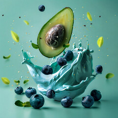 Avocado, Mint Leafs and Blueberries Splashing Into Blue Cream on Bright Blue Background, Dynamic Close-Up Shot, Healthy and Fresh, Ideal for Marketing Materials