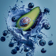 Avocado and Blueberries Splashing Into Purple Liquid and Floating in The Air on Bright Purple Background, Dynamic Close-Up Shot, Healthy and Fresh, Ideal for Marketing Materials