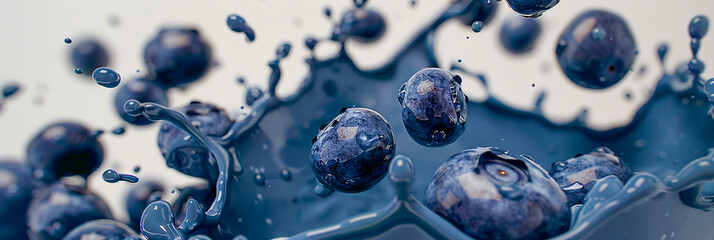 Close Up of Blueberries Splashing Into Blue Liquid Floating on Bright Background, Dynamic Close-Up Shot, Healthy and Fresh, Ideal for Marketing Materials