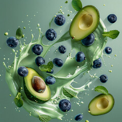 Avocados, Mint Leafs and Blueberries Splashing Into Green Liquid and Floating in The Air on Bright Green Background, Dynamic Close-Up Shot, Healthy and Fresh, Ideal for Marketing Materials