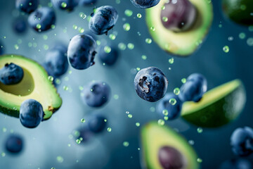 Avocado and Blueberries Flying Through Air on Blue Background, Dynamic Close-Up Shot, Healthy and Fresh, Ideal for Marketing Materials