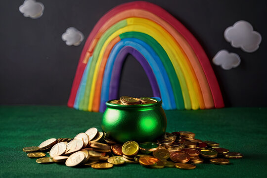 Gold coins and rainbow on green backdrop. Copy space available. 