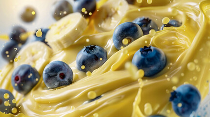 Blueberries and Bananas Splashing Into Mango Juice on Bright Background, Dynamic Close-Up Shot, Healthy and Fresh, Ideal for Marketing Materials