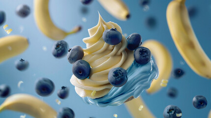 Cupcake Topped With Blueberries and Bananas Floating in the Air on a Bright Blue Background, Dynamic Close-Up Shot, Healthy and Fresh, Ideal for Marketing Materials