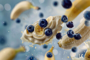 Bananas, Cream and Blueberries Floating in the Air on a Bright Blue Background, Dynamic Close-Up Shot, Healthy and Fresh, Ideal for Marketing Materials