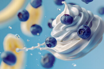Blueberries, Yogurt Dessert and Bananas Flying Through the Air on a Bright Blue Background, Dynamic Close-Up Shot, Healthy and Fresh, Ideal for Marketing Materials