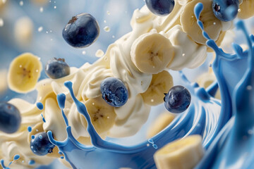Bananas, Cream and Blueberries Falling Into Purple Liquid on a Bright Blue Background, Dynamic Close-Up Shot, Healthy and Fresh, Ideal for Marketing Materials