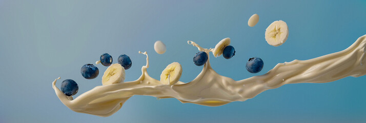 Blueberries, Milkshake and Bananas Floating in the Air on a Bright Blue Background, Dynamic Close-Up Shot, Healthy and Fresh, Ideal for Marketing Materials