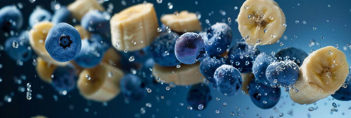 Banana Slices and Blueberries Floating in Water on Blue Background, Dynamic Close-Up Shot, Healthy and Fresh, Ideal for Marketing Materials