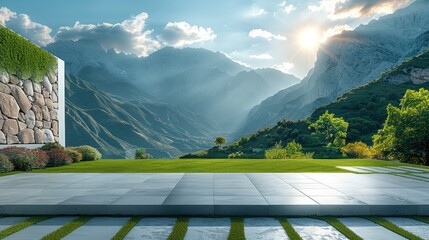 A stone wall of the exterior patio of a modern minimalist style house, behind a grass floor trimmed in the background a beautiful sky with beautiful mountains. Generative AI.