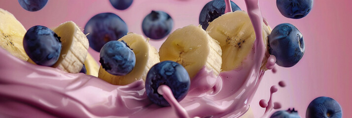 Blueberries and Bananas Splashing Into Pink Milkshake on Bright Background, Dynamic Close-Up Shot, Healthy and Fresh, Ideal for Marketing Materials