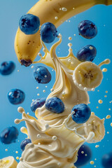 Bananas And Blueberries Splashing Into Banana Milkshake and Floating in the Air on a Blue Background, Dynamic Close-Up Shot, Healthy and Fresh, Ideal for Marketing Materials