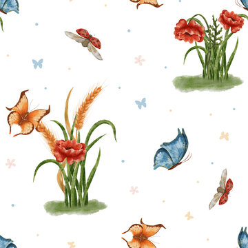 A bouquet of wheat and poppies. Seamless watercolor pattern with red poppy flowers and ears of wheat. Wildflowers, butterflies and ladybugs.