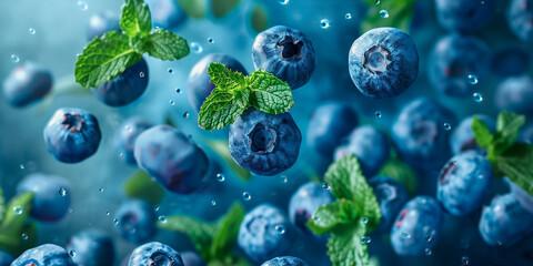 Fresh Blueberries And Mint Leafs Covered in Water Droplets Floating in The Air on a Blue Background, Dynamic Close-Up Shot, Healthy and Fresh, Ideal for Marketing Materials