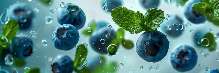 Fresh Blueberries And Mint Leafs Covered in Water Droplets Floating in The Air on a Bright Background, Dynamic Close-Up Shot, Healthy and Fresh, Ideal for Marketing Materials