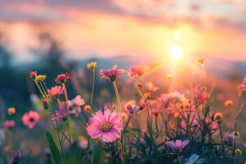 Sunny field with flowers at sunset, summer natural background