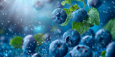 Fresh Blueberries And Mint Leafs Covered in Water Droplets Floating in The Air on a Blue Background, Dynamic Close-Up Shot, Healthy and Fresh, Ideal for Marketing Materials - obrazy, fototapety, plakaty