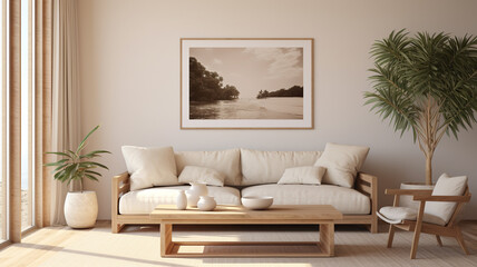  An ISO A paper size poster mockup seamlessly integrated into a cozy living room wall