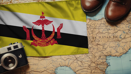 Brunei flag on the map surrounded by camera, shoes. Travel and tourism concept
