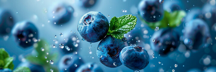 Fresh Blueberries And Mint Leafs Covered in Water Droplets Floating in The Air on a Blue Background, Dynamic Close-Up Shot, Healthy and Fresh, Ideal for Marketing Materials - obrazy, fototapety, plakaty