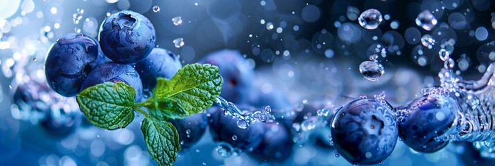 Glistening Blueberries And Mint Leafs Covered in Water Droplets Floating in The Air on a Blue Background, Dynamic Close-Up Shot, Healthy and Fresh, Ideal for Marketing Materials