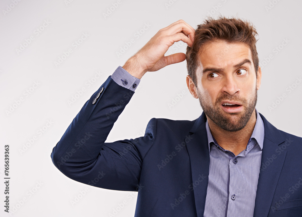 Poster confused, businessman and studio portrait worried, puzzled employee with idea for question. professi