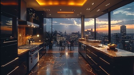 A luxury penthouse kitchen with dark interior. Generative AI. - obrazy, fototapety, plakaty