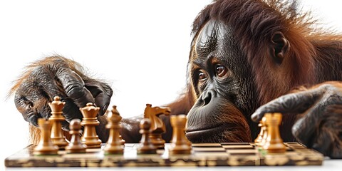 Thoughtful Orangutan Engaged in Strategic Chess Match on Isolated White Background - obrazy, fototapety, plakaty