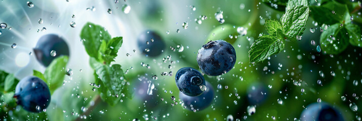 Blueberries And Mint Leafs Covered in Water Droplets Floating in The Air on a Dynamic Background, Close-Up Shot, Healthy and Fresh, Ideal for Marketing Materials