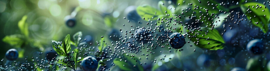 Blueberries, Chia Seeds And Mint Leafs Covered in Water Droplets Floating in The Air on a Dynamic Background, Close-Up Shot, Healthy and Fresh, Ideal for Marketing Materials