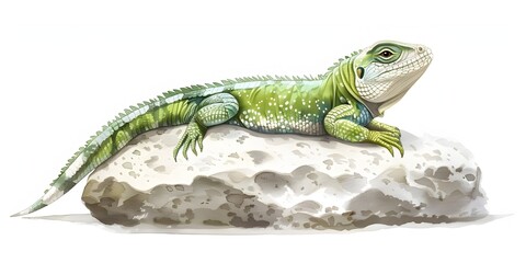 Green Lizard Basking on Rock,Dreaming of Insect Feasts,Illustrated in Natural Environment - obrazy, fototapety, plakaty