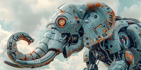 Futuristic Robotic Elephant Utilizing Trunk as High-Tech Mechanical Tool in Surreal Sci-Fi Landscape