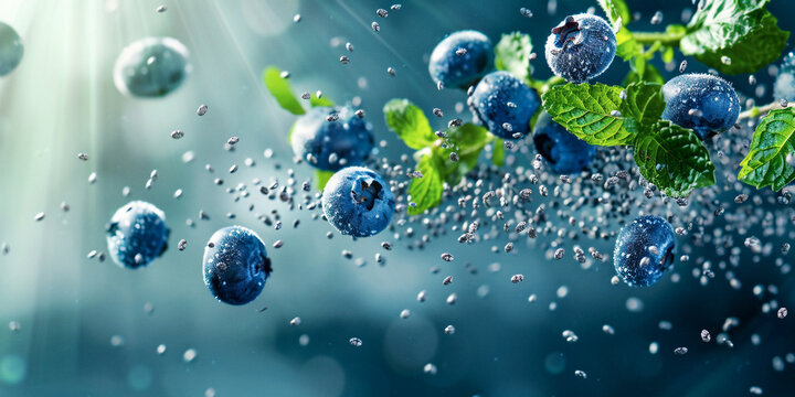 Blueberries, Chia Seeds And Mint Leafs Covered in Water Droplets Floating in The Air on a Blue Background, Dynamic Close-Up Shot, Healthy and Fresh, Ideal for Marketing Materials