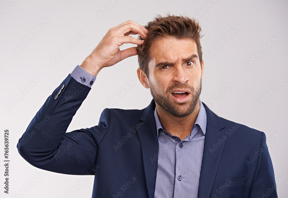 Poster confused, businessman and studio portrait uncertain, puzzled employee with idea for question. profes