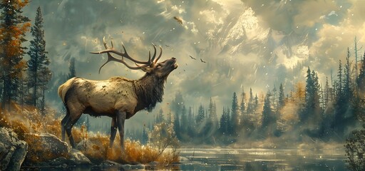 Majestic Elk Amid Autumnal Wilderness:A Harmonious Digital - obrazy, fototapety, plakaty