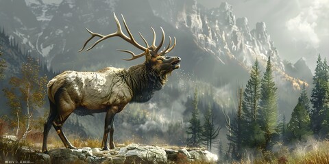 Majestic Elk Echoing Through the Misty Mountain Wilderness,an Awe-Inspiring of Nature's Grandeur