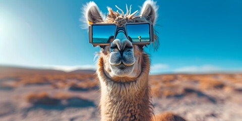 Fototapeta premium Adventurous Llama Livestreaming from Desert Landscape through Quirky Eyewear