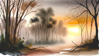 A serene watercolor painting depicting a sunrise scene in a misty forest.