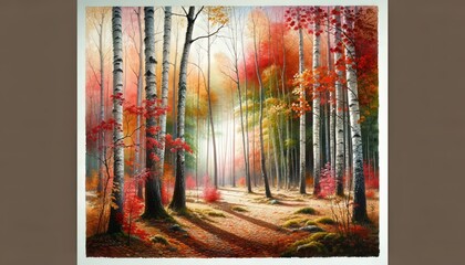A detailed watercolor painting depicting a forest during autumn, showcasing a variety of red, orange, and yellow leaves interspersed among the trees.