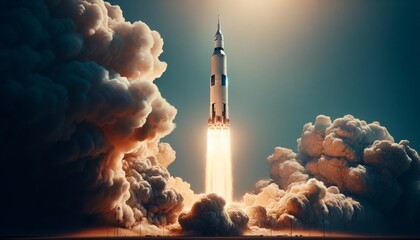 A medium shot of the historic Saturn V rocket during liftoff, emphasizing the massive plume of exhaust and the scale of human space exploration.