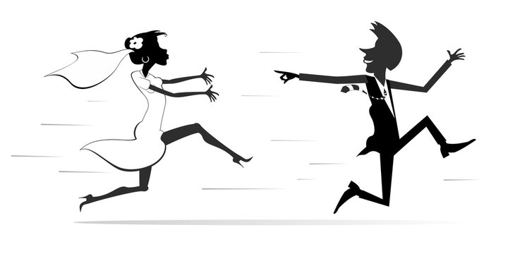 Married wedding couple. Bridegroom runs away from the bride.
Upset bride trying to catch up a runaway bridegroom. Running bridegroom looks back and points a finger to the bride trying to catch him. Bl