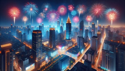 An image capturing a beautiful city skyline at night, lit up by vibrant and colorful fireworks.