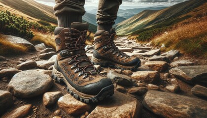The image depicts a pair of rugged hiking boots on a rocky mountain trail.