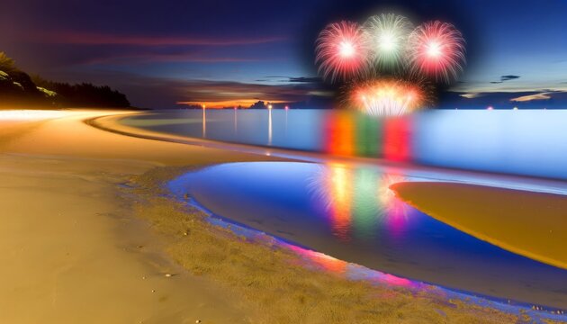 An image depicting a peaceful beach scene at night with a breathtaking fireworks display reflecting off the calm waters.
