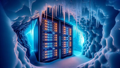 A server room encased in a natural ice cave, with icicles hanging from the ceiling and servers emitting a warm glow against the cold, blue-tinted surr. - obrazy, fototapety, plakaty