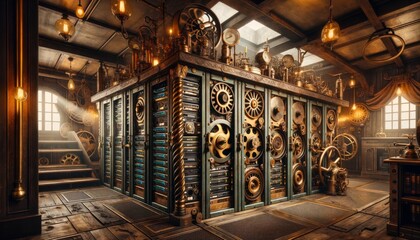 A vintage-inspired server room with a steampunk aesthetic, featuring steam-powered machinery, brass fittings, and Victorian-era decor intertwined with.